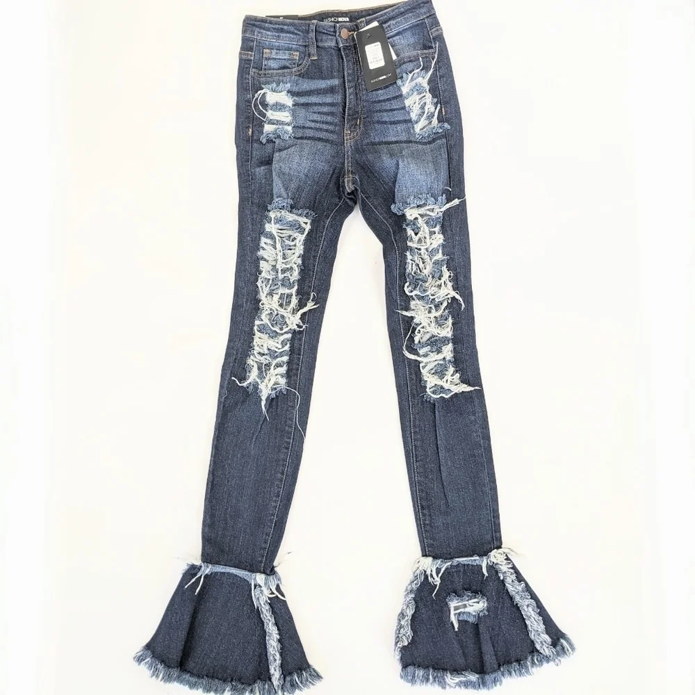 Fashion Nova High Waisted Bell Bottom Distressed Jeans